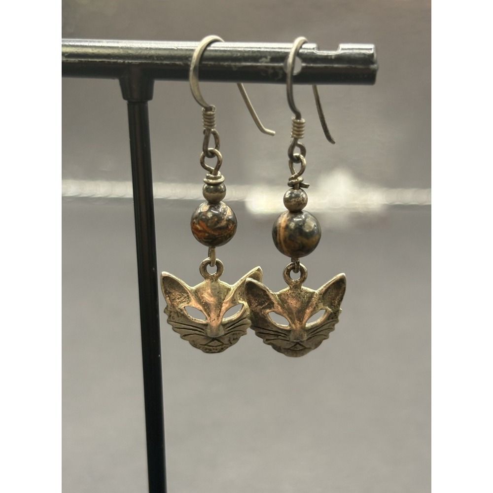Vintage Sterling Silver Cat Kitty Dangle Earring 925 H11